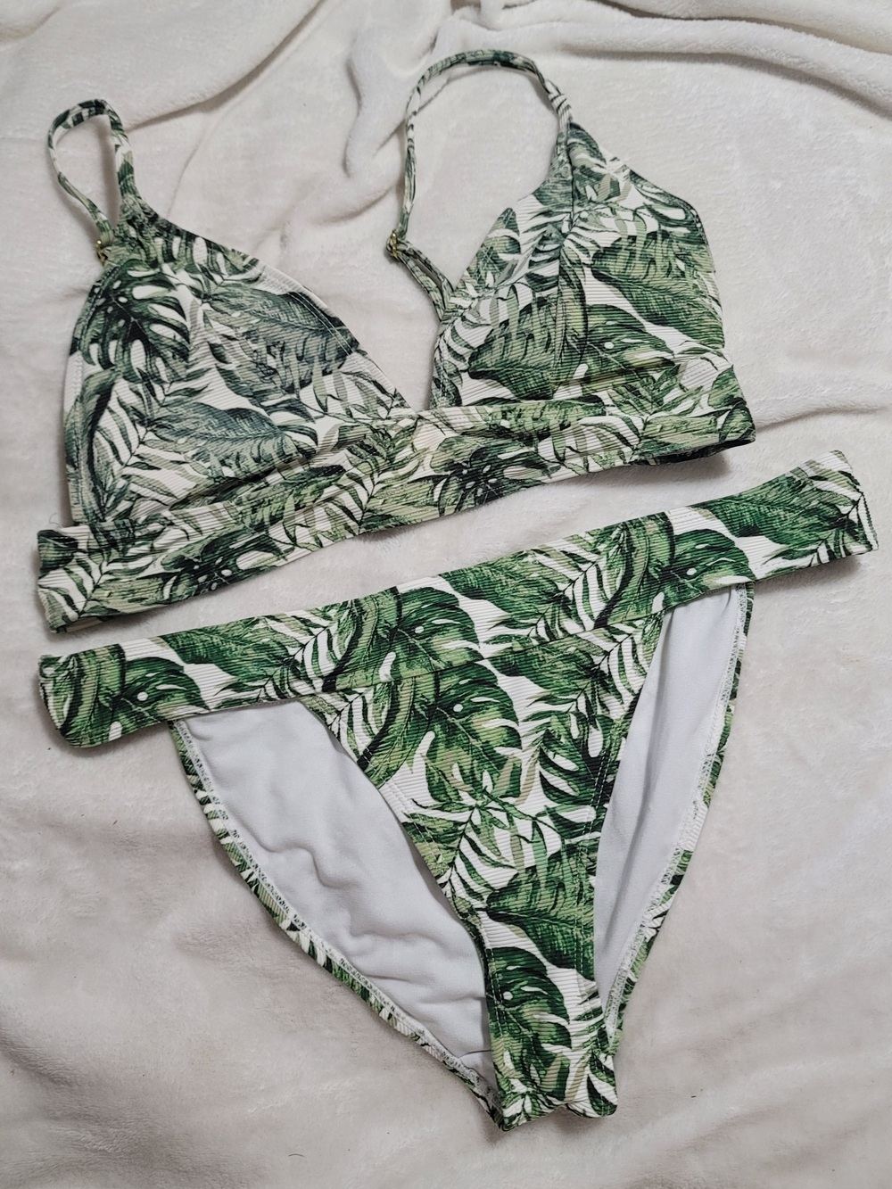 Tropical Leaf Print Women's Bikini Set - Green Sz Large